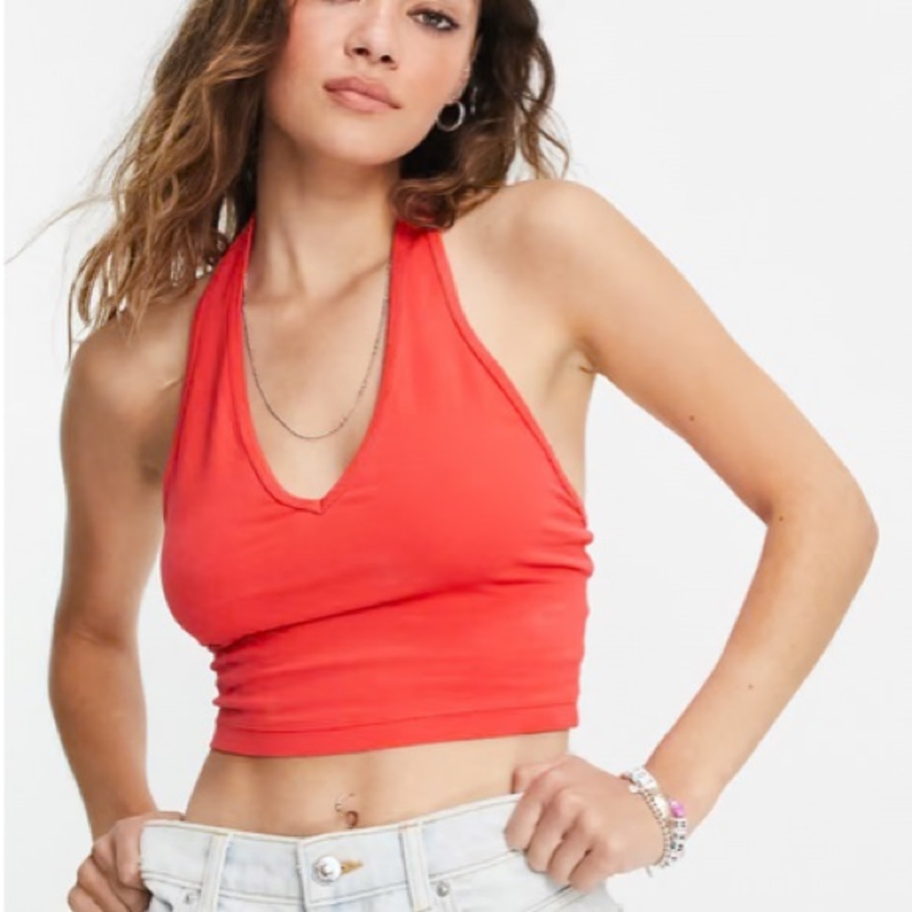 ASOS Design crop cherry red halter top US 2